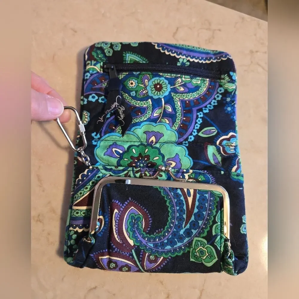 Vera Bradley Quilted Wallet Keychain Cover Coin Clasp Pocket Paisley Blue Green - Picture 5 of 9
